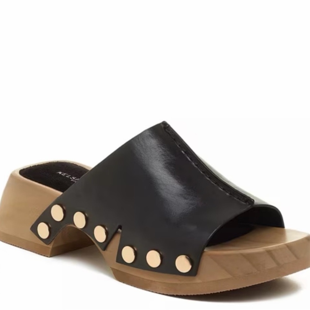 Kelsi Dagger Black Leather Brooklyn June Slide Sandals with Gold Accents
